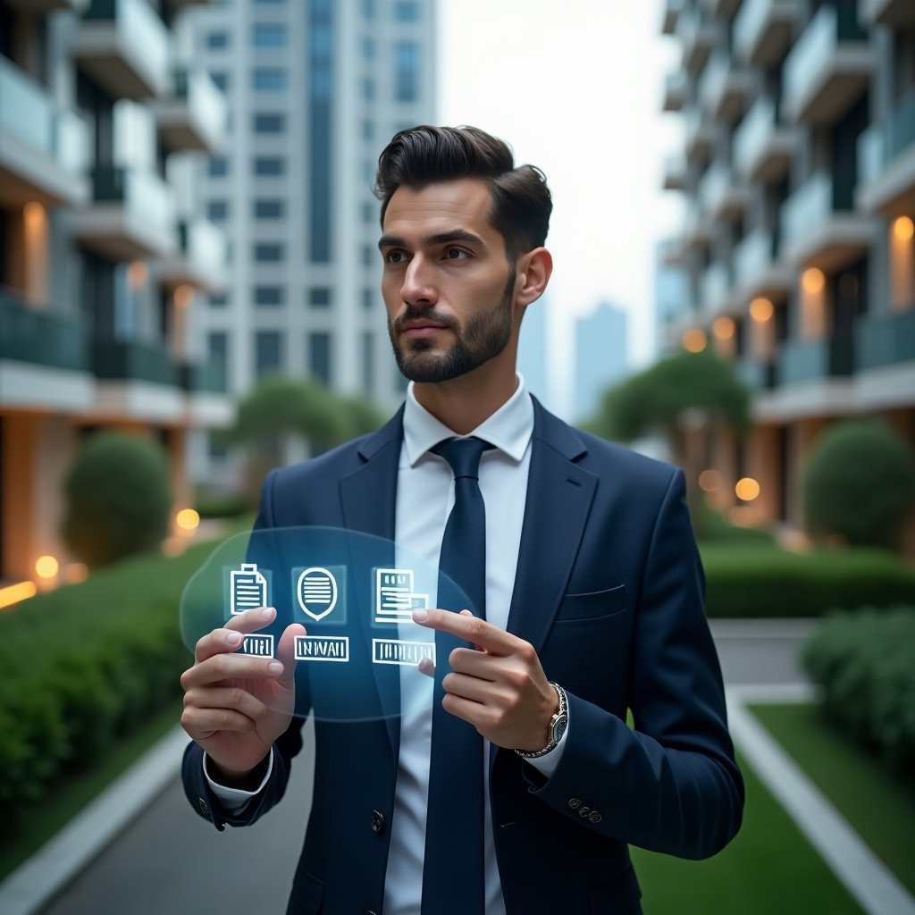 (Ultra-realistic condominium manager in a tailored navy suit, set in a modern luxury condominium environment with high-rise buildings and lush green landscaping, interacting with a floating holographic interface displaying icons for finance charts, chat bubbles, calendar bookings and QR code access control, confident and focused expression, cinematic lighting, shallow depth of field, highly detailed textures, realistic skin, photographic realism, 8k resolution --ar 1:1 --v 6)