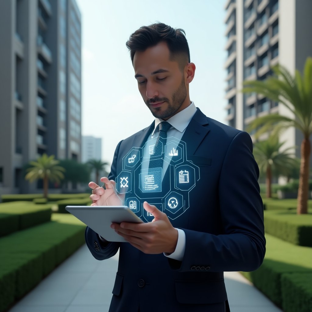 (Ultra-realistic condominium manager in a navy tailored suit, set in a modern luxury condominium environment with high-rise buildings and manicured green landscaping, holding a digital tablet and tapping holographic icons representing booking, finance, communication and security functions, confident and focused expression, floating translucent app interface elements around, cinematic lighting, shallow depth of field, highly detailed textures, realistic skin, photographic realism, 8k resolution --ar 1:1 --v 6)