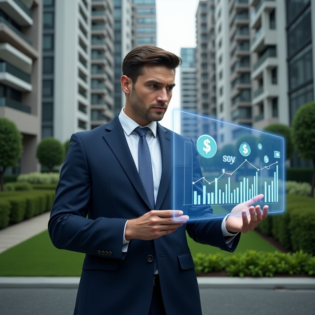 (Ultra-realistic condominium manager in a tailored navy suit, set in a modern luxury condominium environment with high-rise buildings and manicured green landscaping, analyzing floating holographic performance metrics charts with bar and line graphs, looking confident and focused, symbolic holographic icons of financial growth and maintenance tools, cinematic lighting, shallow depth of field, highly detailed textures, realistic skin, photographic realism, 8k resolution --ar 1:1 --v 6)
