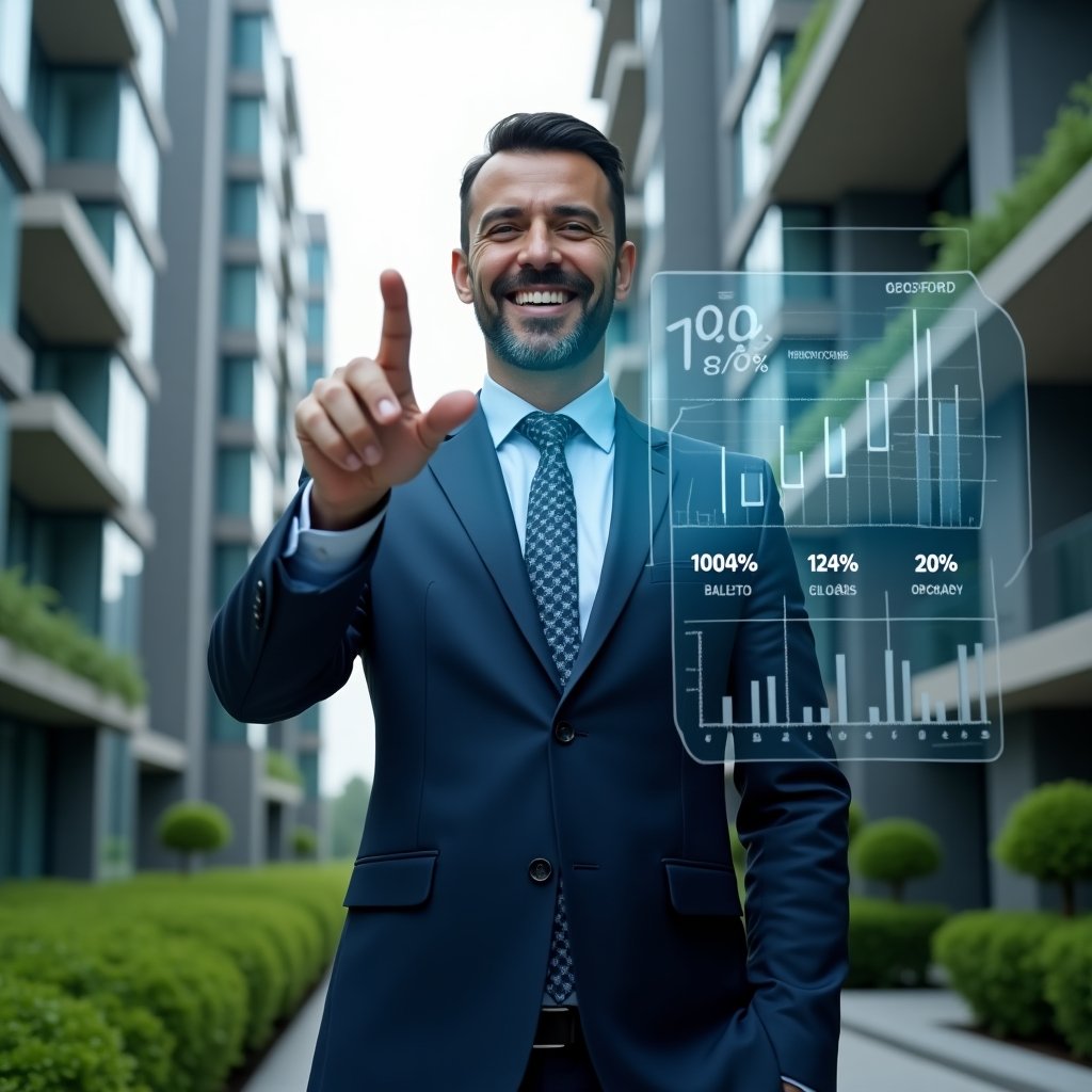 (Ultra-realistic condominium manager in a tailored navy blue suit, set in a modern luxury condominium environment with high-rise buildings and lush green landscaping, mid-shot confidently pointing at a floating holographic dashboard of financial charts and performance indicators, translucent graphs and icons representing budgeting, liquidity and occupancy rates, cinematic lighting, shallow depth of field, highly detailed textures, realistic skin, photographic realism, 8k resolution --ar 1:1 --v 6)
