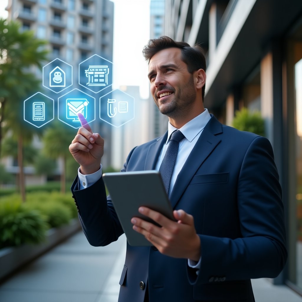 Ultra-realistic condominium manager in a dark blue business suit, set in a modern luxury condominium environment with high-rise buildings and green landscaping, pointing at a floating holographic interface of an app with icons for finance, communication and scheduling, tablet in hand, confident and engaging expression, cinematic lighting, shallow depth of field, highly detailed textures, realistic skin, photographic realism, 8k resolution --ar 1:1 --v 6