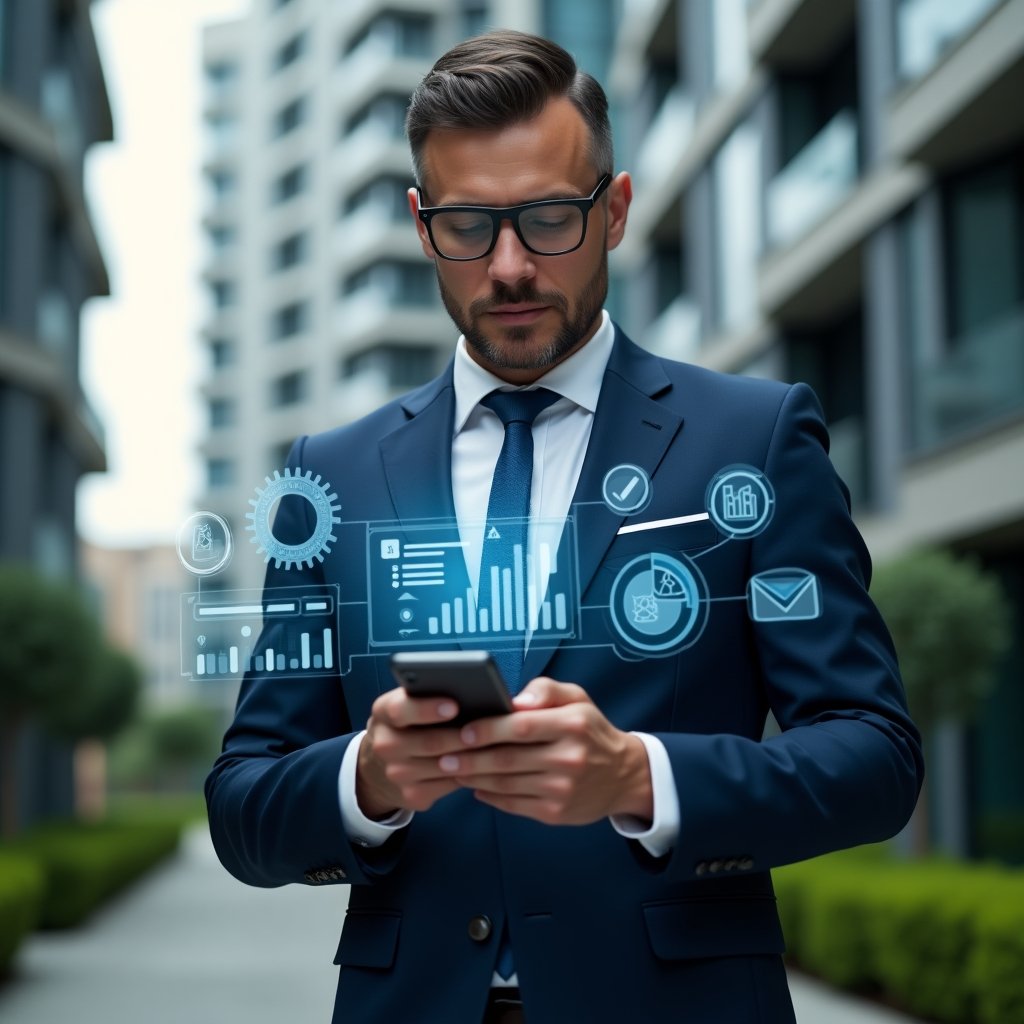 Ultra-realistic condominium manager in a navy blue tailored suit, set in a modern luxury condominium environment with high-rise buildings and lush green landscaping, holding a smartphone and interacting with a floating holographic dashboard showing charts and notifications, holographic icons of gears and checkmarks symbolizing streamlined processes and error reduction, confident and focused expression, cinematic lighting, shallow depth of field, highly detailed textures, realistic skin, photographic realism, 8k resolution --ar 1:1 --v 6