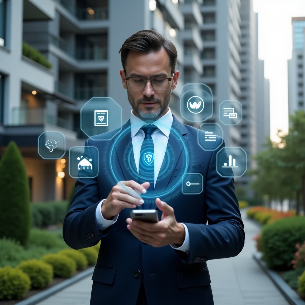 Ultra-realistic condominium manager in a tailored navy suit, set in a modern luxury condominium environment with high-rise buildings and manicured green landscaping, examining a holographic interface of a condominium management app with floating icons of a security shield, usability sliders and cost-benefit graphs, confident and analytical expression, cinematic lighting, shallow depth of field, highly detailed textures, realistic skin, photographic realism, 8k resolution --ar 1:1 --v 6