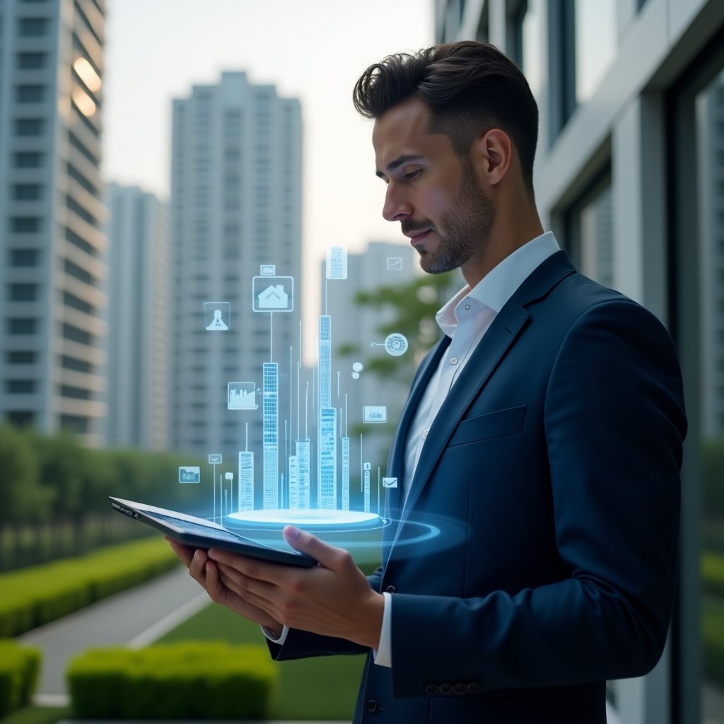 (Ultra-realistic condominium manager in a navy business suit, set in a modern luxury condominium environment with high-rise buildings and lush green landscaping, holding a digital tablet projecting floating holographic icons of billing, assembly and financial reports, confidently analyzing the data, cinematic lighting, shallow depth of field, highly detailed textures, realistic skin, photographic realism, 8k resolution --ar 1:1 --v 6)
