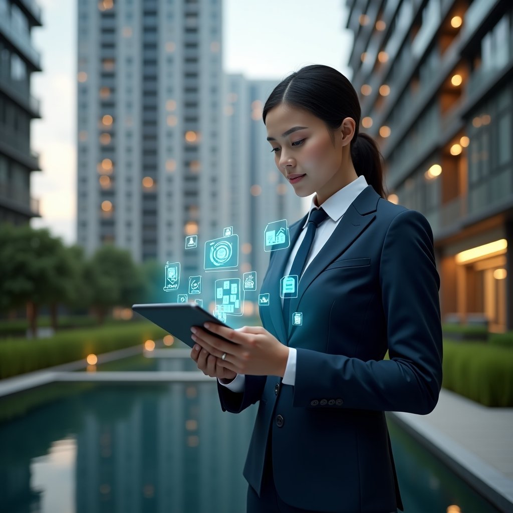 Ultra-realistic condominium manager in a tailored navy suit, set in a modern luxury condominium environment with high-rise buildings and lush green landscaping, holding a digital tablet displaying holographic charts and apartment icons, confidently reviewing online administration data, futuristic holographic interface elements floating around, cinematic lighting, shallow depth of field, highly detailed textures, realistic skin, photographic realism, 8k resolution --ar 1:1 --v 6