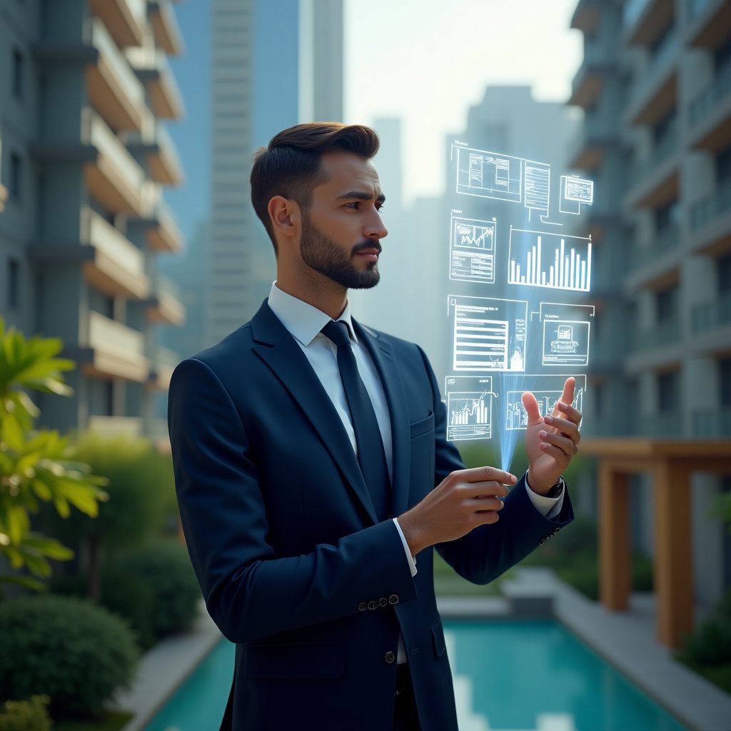 (Ultra-realistic condominium manager in a navy executive suit, set in a modern luxury condominium environment with high-rise buildings and lush green landscaping, analyzing floating holographic data charts and graphs representing key condo metrics, confident and focused expression, cinematic lighting, shallow depth of field, highly detailed textures, realistic skin, photographic realism, 8k resolution --ar 1:1 --v 6)