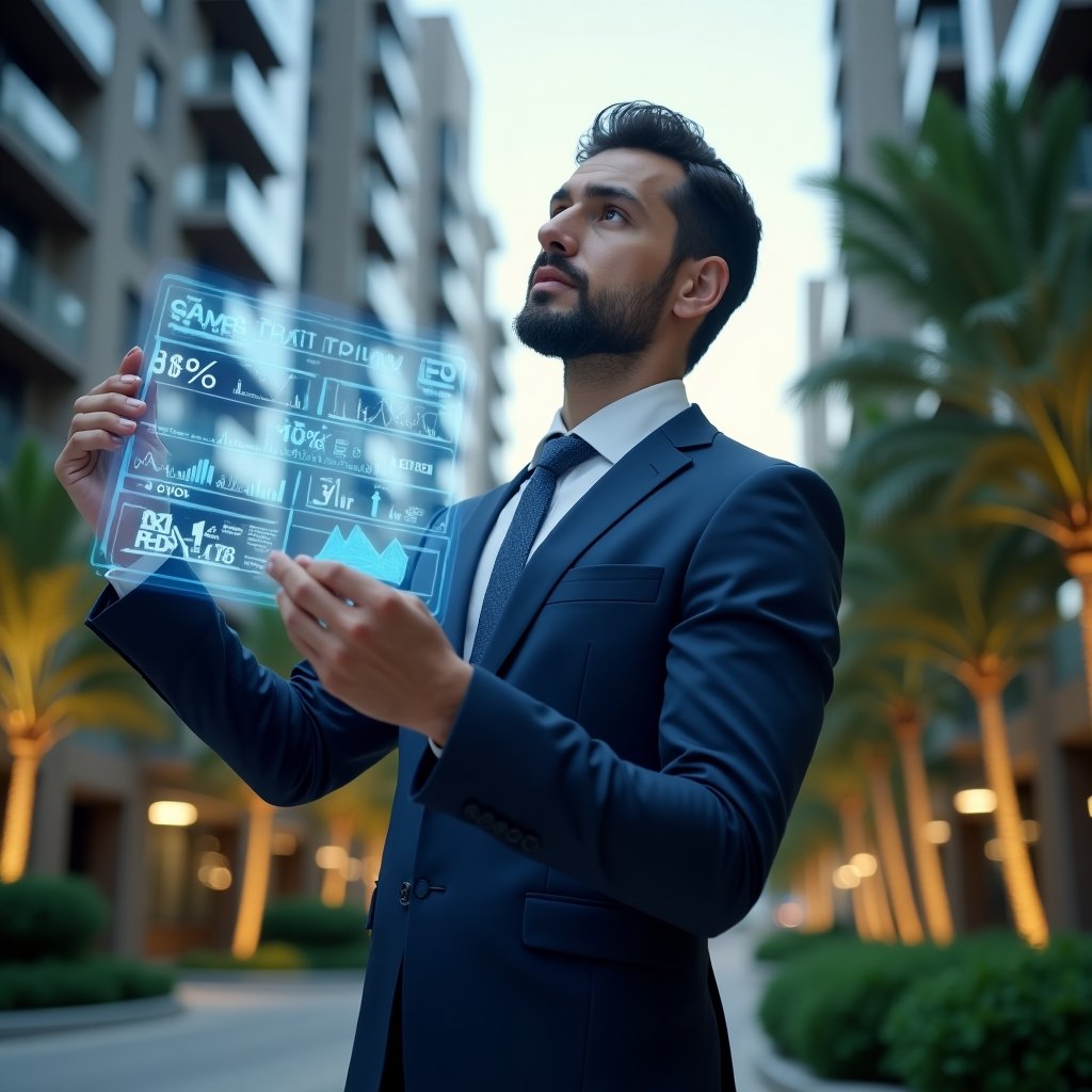Ultra-realistic condominium manager in a navy blue suit, set in a modern luxury condominium environment with high-rise buildings and lush green landscaping, holding and analyzing a holographic financial dashboard with floating cost-reduction icons and charts, confident and focused expression, cinematic lighting, shallow depth of field, highly detailed textures, realistic skin, photographic realism, 8k resolution --ar 1:1 --v 6