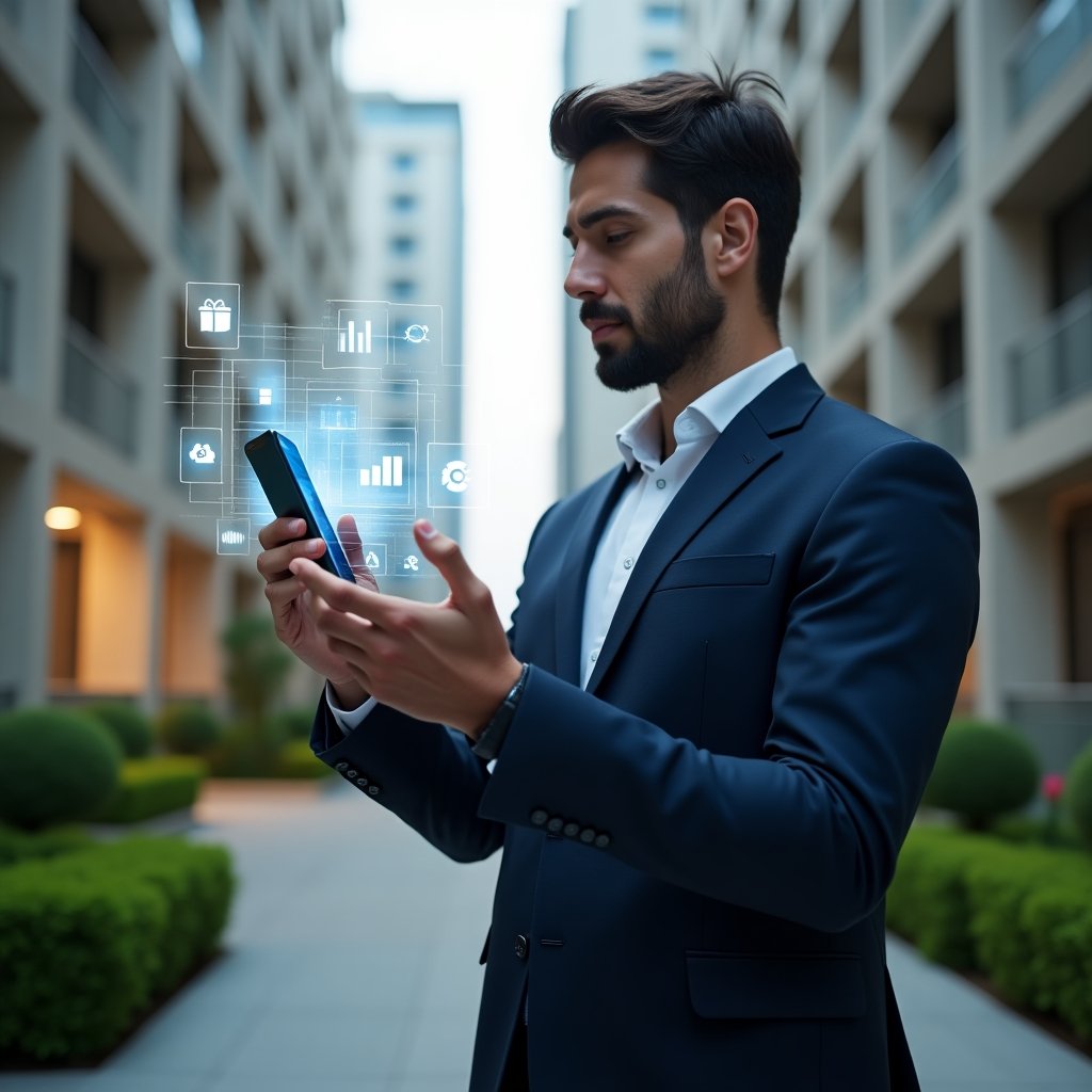 (Ultra-realistic condominium manager in a navy suit, set in a modern luxury condominium environment with high-rise buildings and manicured green landscaping, holding a smartphone projecting a holographic condominium management app interface, gesturing confidently as if demonstrating features, floating app icons and digital charts symbolizing streamlined processes and communication, cinematic lighting, shallow depth of field, highly detailed textures, realistic skin, photographic realism, 8k resolution --ar 1:1 --v 6)