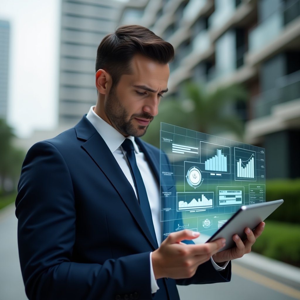 (Ultra-realistic condominium manager in a tailored navy suit, set in a modern luxury condominium environment with high-rise buildings and manicured greenery, analyzing holographic financial charts projected from a tablet, floating icons of invoices and budget graphs symbolizing expense control, confident and focused expression, cinematic lighting, shallow depth of field, highly detailed textures, realistic skin, photographic realism, 8k resolution --ar 1:1 --v 6)