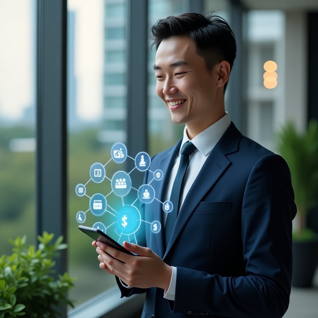 Ultra-realistic condominium manager in a navy suit, set in a modern luxury condominium environment with high-rise buildings and green landscaping, holding a smartphone projecting holographic icons of messages, calendar reservations, and payment symbols, smiling confidently, cinematic lighting, shallow depth of field, highly detailed textures, realistic skin, photographic realism, 8k resolution --ar 1:1 --v 6