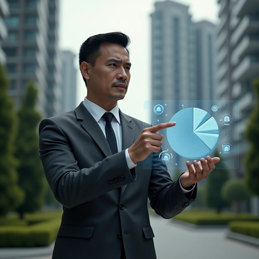 (Ultra-realistic condominium manager in a charcoal gray executive suit, set in a modern luxury condominium environment with high-rise buildings and manicured green landscaping, analyzing a floating holographic pie chart representing ideal fraction allocations, confident and focused expression, holographic icons of building units and percentage values, cinematic lighting, shallow depth of field, highly detailed textures, realistic skin, photographic realism, 8k resolution --ar 1:1 --v 6)