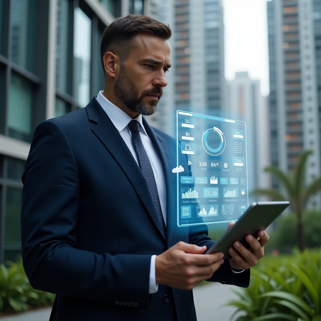 Ultra-realistic condominium manager in a dark navy suit, set in a modern luxury condominium environment with high-rise buildings and green landscaping, confidently analyzing a holographic financial dashboard projected from a digital tablet, with floating icons of invoices, calendar reminders and cost-reduction graphs, cinematic lighting, shallow depth of field, highly detailed textures, realistic skin, photographic realism, 8k resolution --ar 1:1 --v 6