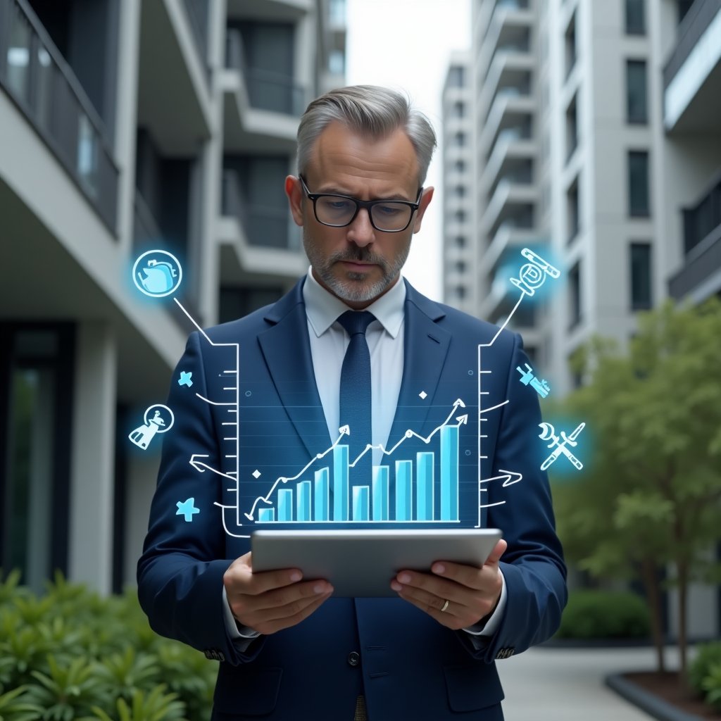 Ultra-realistic condominium manager in a navy blue executive suit, set in a modern luxury condominium environment with high-rise buildings and green landscaping, reviewing a transparent holographic budget chart displayed above a digital tablet, surrounded by floating 3D icons of maintenance tools and dollar signs, focused and confident expression, cinematic lighting, shallow depth of field, highly detailed textures, realistic skin, photographic realism, 8k resolution --ar 1:1 --v 6