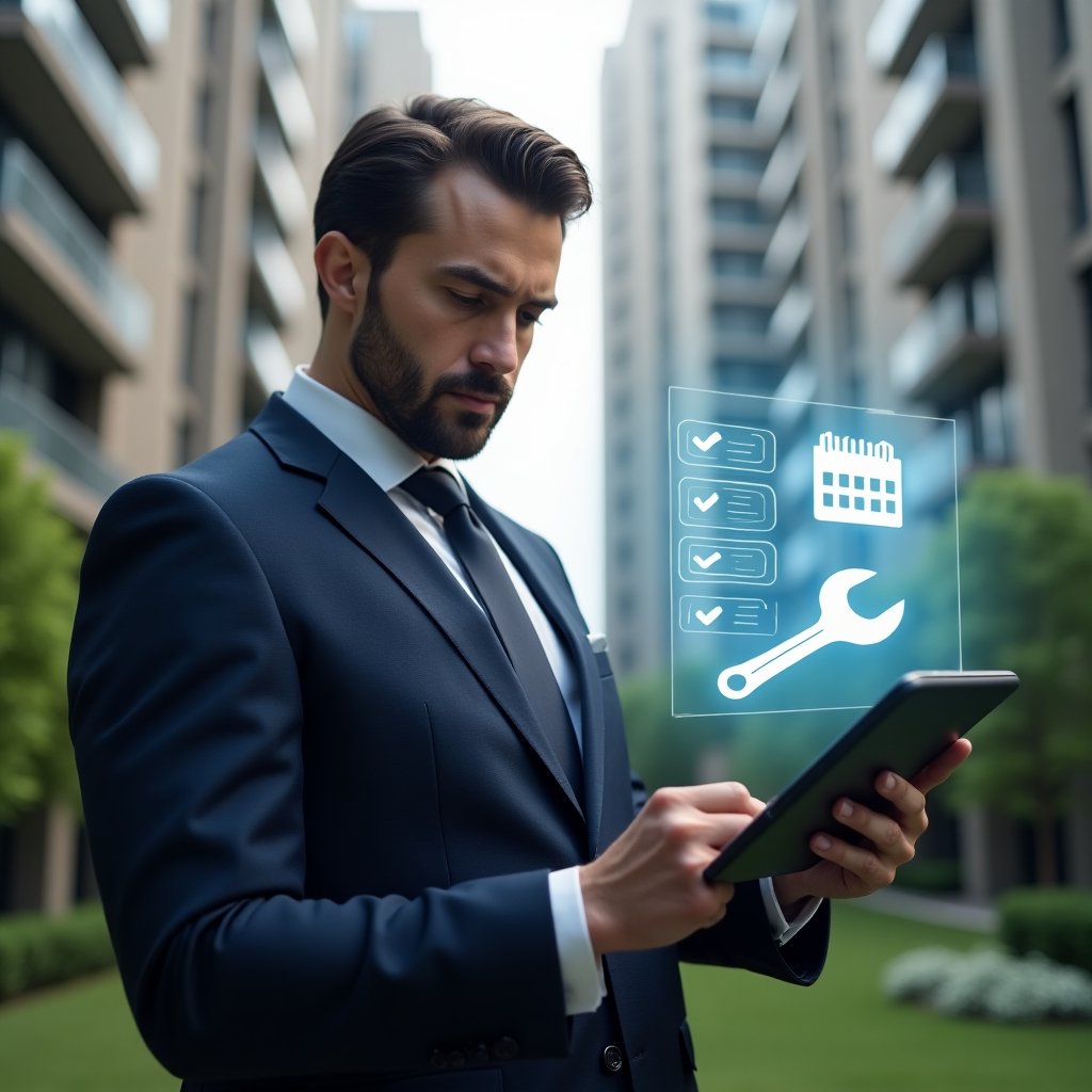 Ultra-realistic condominium manager in a navy tailored suit, set in a modern luxury condominium environment with high-rise buildings and green landscaping, confidently reviewing a holographic maintenance schedule on a tablet, floating wrench and calendar icons symbolizing preventive inspections, cinematic lighting, shallow depth of field, highly detailed textures, realistic skin, photographic realism, 8k resolution --ar 1:1 --v 6