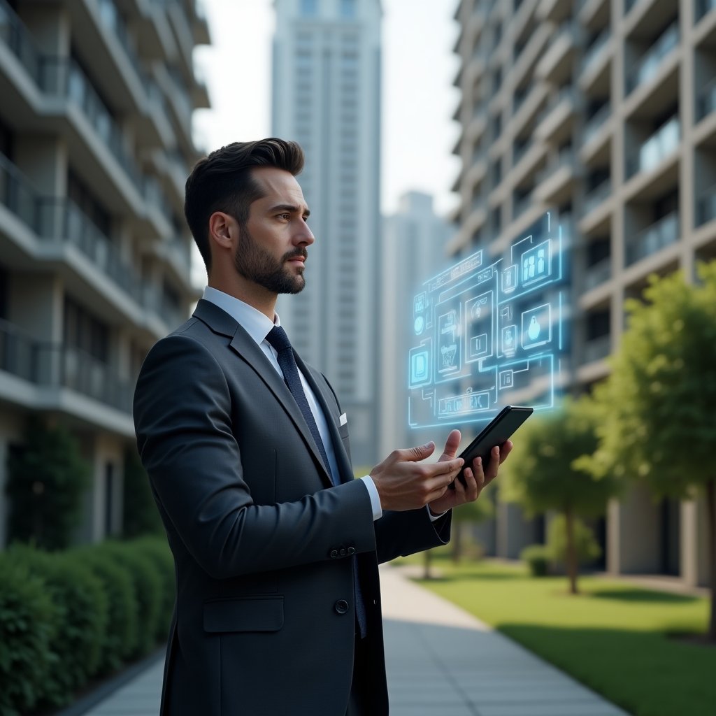 Ultra-realistic condominium manager in a dark gray tailored suit, set in a modern luxury condominium environment with high-rise buildings and manicured green landscaping, holding a digital tablet and gesturing toward a holographic interface of smart lock, light bulb, and thermostat icons, confident and focused expression, cinematic lighting, shallow depth of field, highly detailed textures, realistic skin, photographic realism, 8k resolution --ar 1:1 --v 6