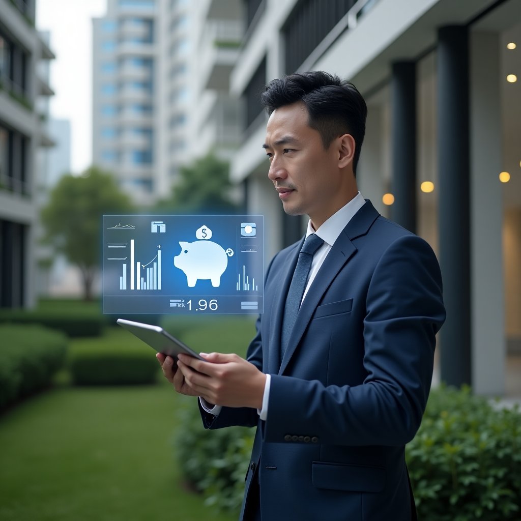 Ultra-realistic condominium manager in a navy blue executive suit, set in a modern luxury condominium environment with high-rise buildings and manicured green landscaping, holding a tablet displaying holographic expense charts and a floating piggy bank icon, confidently analyzing cost-saving strategies, cinematic lighting, shallow depth of field, highly detailed textures, realistic skin, photographic realism, 8k resolution --ar 1:1 --v 6