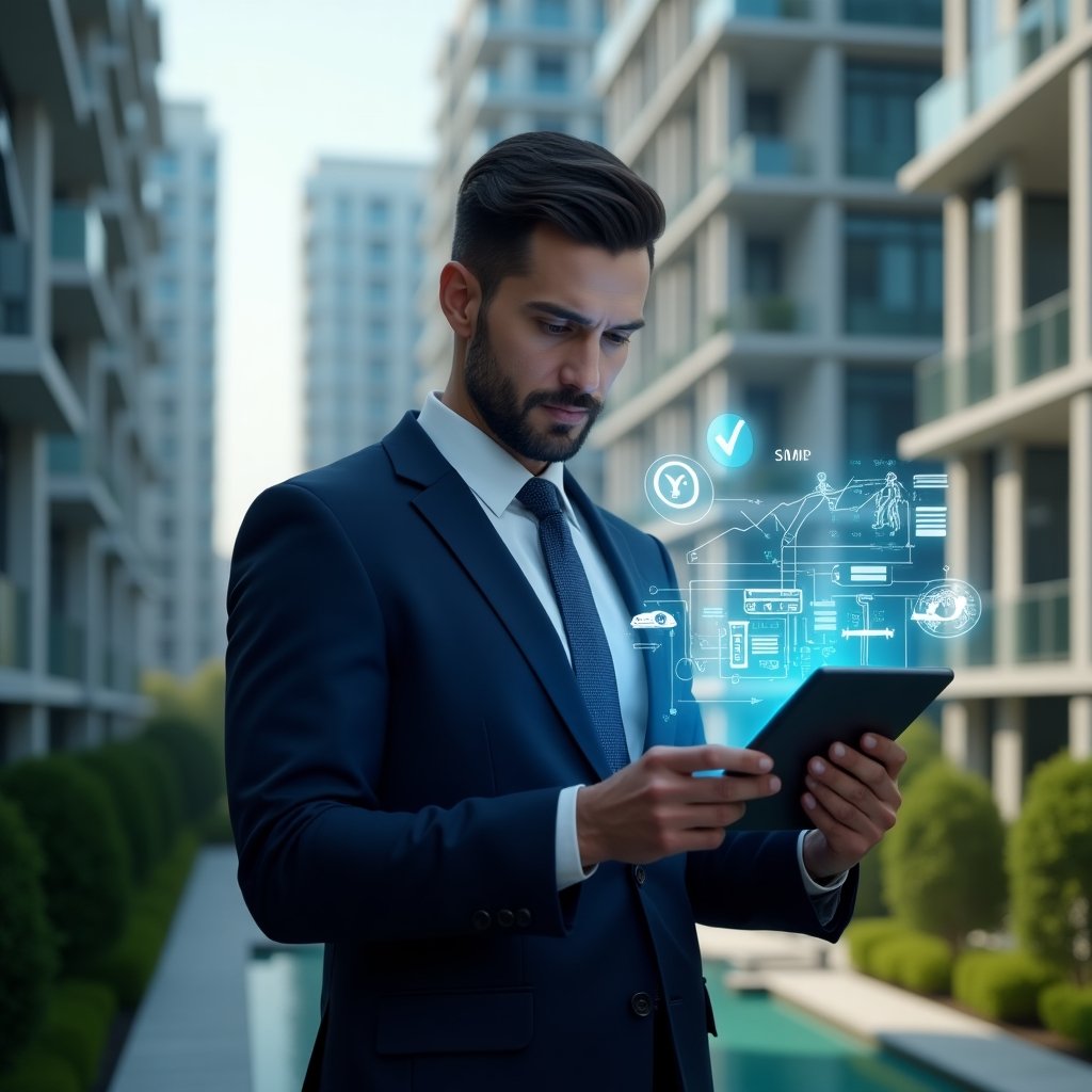 (Ultra-realistic condominium manager in a dark blue suit, set in a modern luxury condominium environment with high-rise buildings and green landscaping, examining holographic financial charts floating above a tablet, symbols of currency and maintenance tools glowing around him, confident and focused expression, cinematic lighting, shallow depth of field, highly detailed textures, realistic skin, photographic realism, 8k resolution --ar 1:1 --v 6)