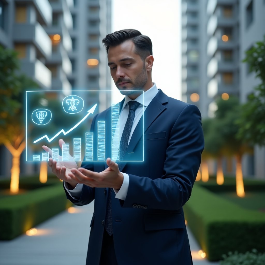 Ultra-realistic condominium manager in a navy executive suit, set in a modern luxury condominium environment with high-rise buildings and lush green landscaping, confidently analyzing a holographic cost-reduction chart with descending bars, surrounded by floating maintenance and savings icons, cinematic lighting, shallow depth of field, highly detailed textures, realistic skin, photographic realism, 8k resolution --ar 1:1 --v 6