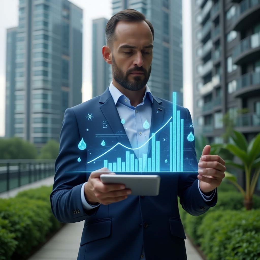 (Ultra-realistic condominium manager in a dark blue tailored suit, set in a modern luxury condominium environment with high-rise buildings and lush green landscaping, examining a floating holographic financial chart that displays cost reduction trends, holding a sleek tablet, confident and focused expression, icons of water droplets and energy bolts subtly integrated into the hologram, cinematic lighting, shallow depth of field, highly detailed textures, realistic skin, photographic realism, 8k resolution --ar 1:1 --v 6)