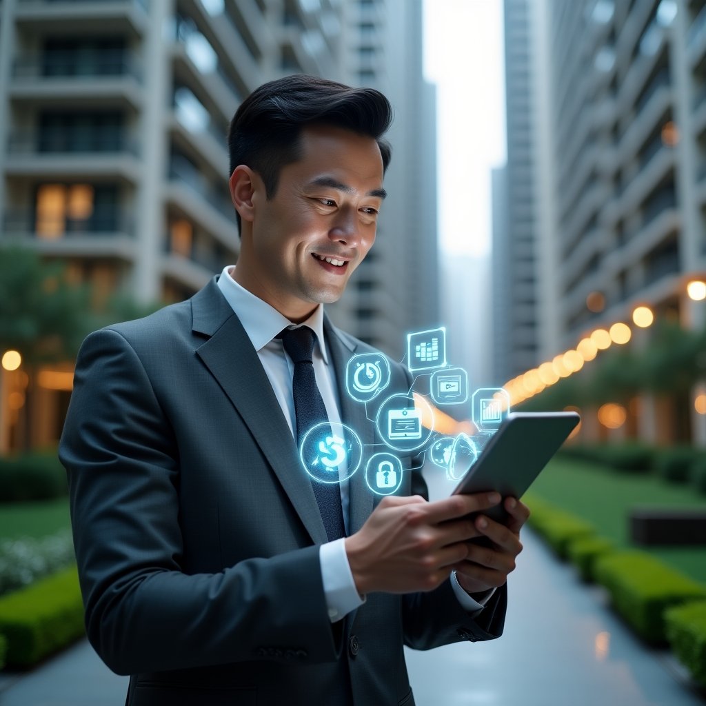 (Ultra-realistic condominium manager in a charcoal gray executive suit, set in a modern luxury condominium environment with high-rise buildings and manicured green landscaping, holding a tablet displaying floating holographic icons for finance, chat, access control, reservations, and reports, confidently analyzing data with a slight smile, futuristic holographic interface elements around them, cinematic lighting, shallow depth of field, highly detailed textures, realistic skin, photographic realism, 8k resolution --ar 1:1 --v 6)