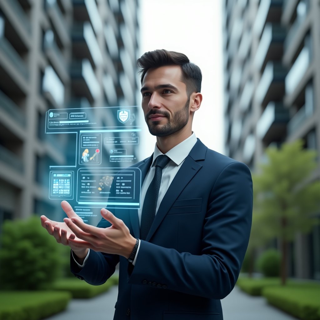 Ultra-realistic condominium manager in a navy executive suit, set in a modern luxury condominium environment with high-rise buildings and lush green landscaping, interacting with a holographic interface displaying chat bubbles, reservation calendar, financial graphs, invoice icons and dashboard metrics, confident and focused expression, cinematic lighting, shallow depth of field, highly detailed textures, realistic skin, photographic realism, 8k resolution --ar 1:1 --v 6