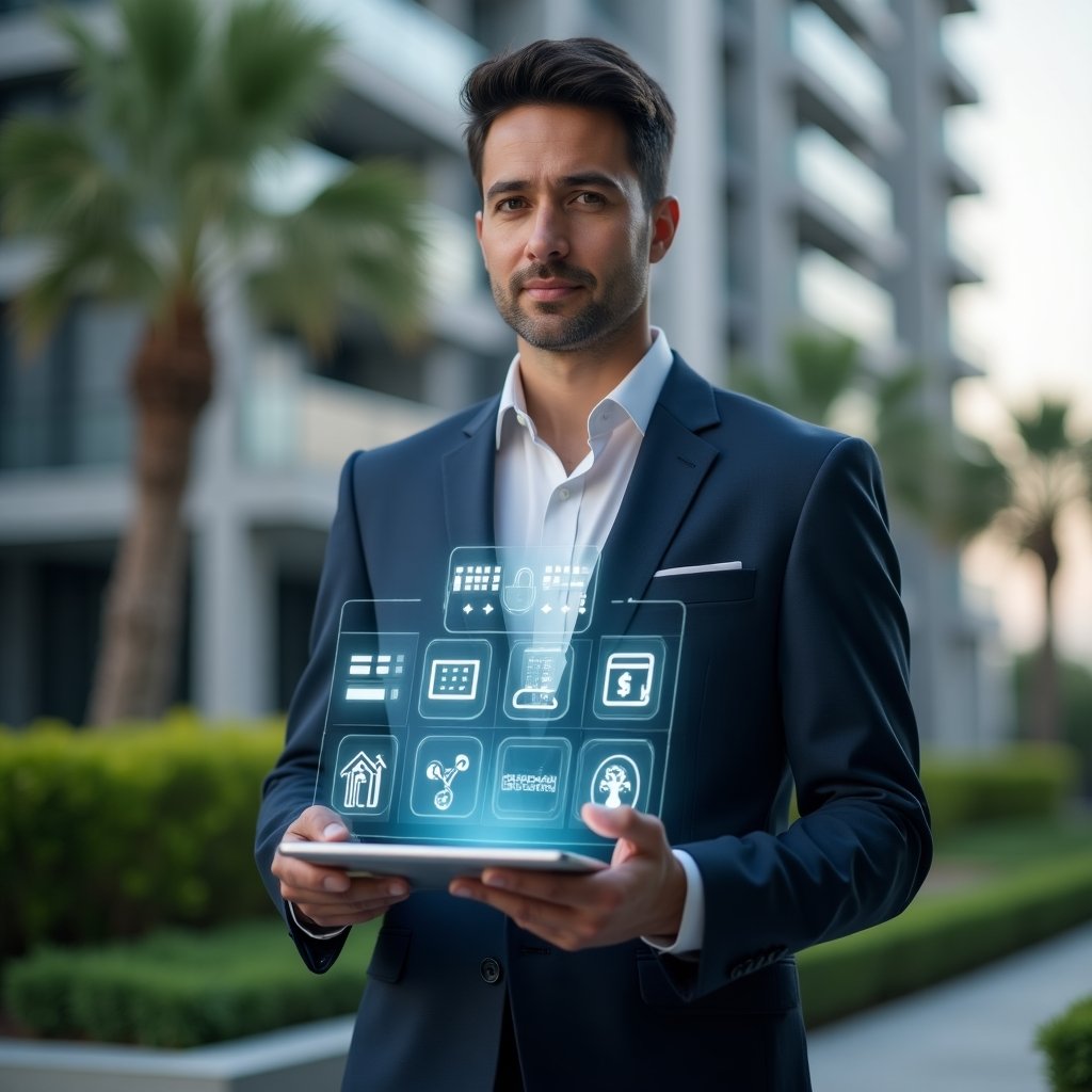 (Ultra-realistic condominium manager in a navy executive suit, set in a modern luxury condominium environment with high-rise buildings and manicured green landscaping, holding a transparent tablet displaying holographic icons for chat communication, financial charts, calendar reservations, and a security lock, confident and focused expression, cinematic lighting, shallow depth of field, highly detailed textures, realistic skin, photographic realism, 8k resolution --ar 1:1 --v 6)