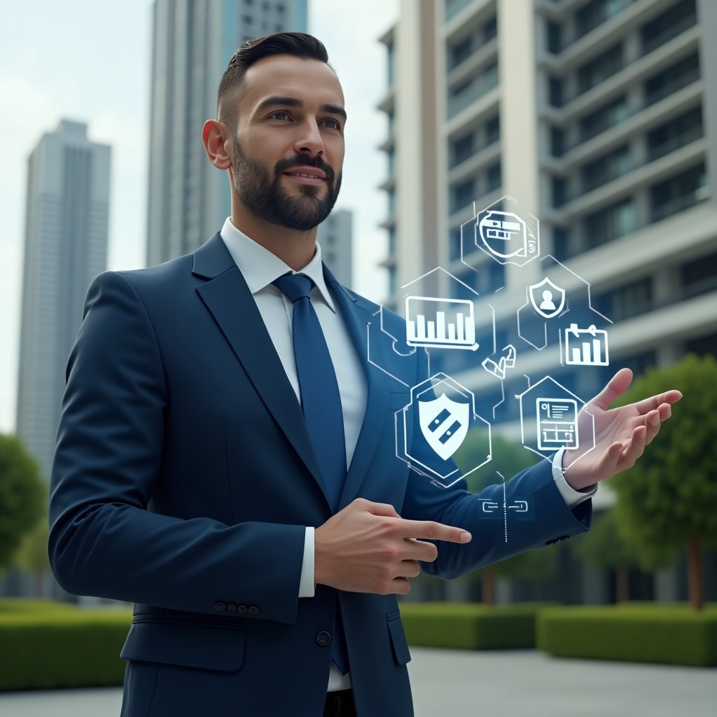 (Ultra-realistic condominium manager in a navy blue suit, set in a modern luxury condominium environment with high-rise buildings and manicured green landscaping, standing confidently and interacting with a holographic interface displaying icons of financial charts, chat bubbles, security shields, reservation calendars, and performance graphs, cinematic lighting, shallow depth of field, highly detailed textures, realistic skin, photographic realism, 8k resolution --ar 1:1 --v 6)