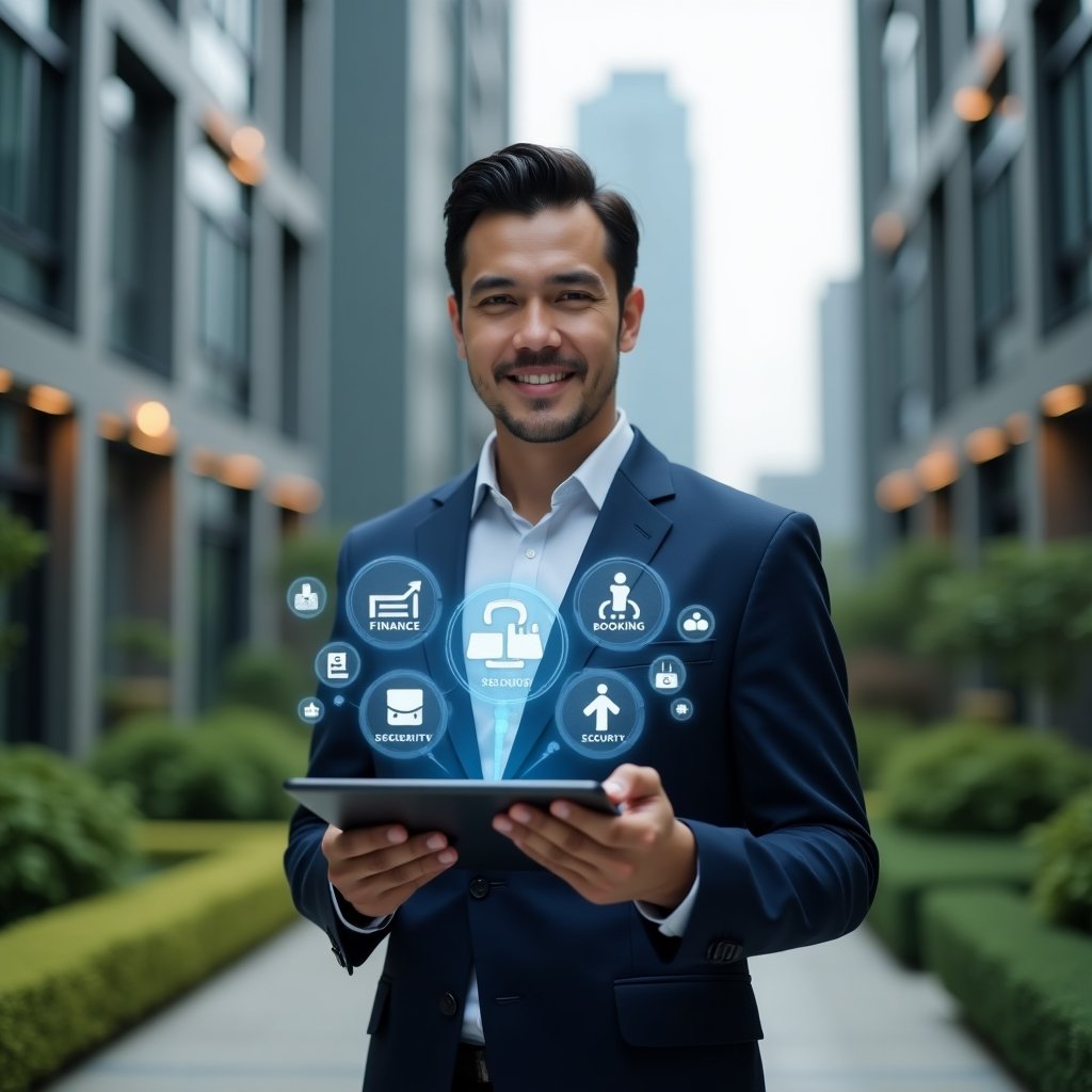 (Ultra-realistic condominium manager in a navy blue suit, set in a modern luxury condominium environment with high-rise buildings and green landscaping, holding a tablet displaying a holographic interface of finance, communication, booking, security, and maintenance icons, confident and focused expression, floating app icons around the device, cinematic lighting, shallow depth of field, highly detailed textures, realistic skin, photographic realism, 8k resolution --ar 1:1 --v 6)