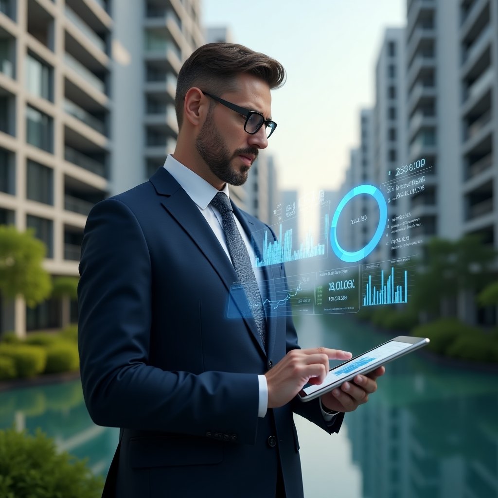 Ultra-realistic property manager in a navy executive suit, set in a modern luxury condominium environment with high-rise buildings and green landscaping, analyzing holographic financial charts projected from a tablet, floating pie charts and bar graphs symbolizing expenditure monitoring, confident and focused expression, cinematic lighting, shallow depth of field, highly detailed textures, realistic skin, photographic realism, 8k resolution --ar 1:1 --v 6