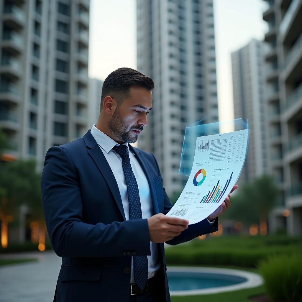 (Ultra-realistic condominium manager in a tailored navy suit, set in a modern luxury condominium environment with high-rise buildings and lush green landscaping, examining a floating holographic financial report with bar charts and pie graphs, confident and focused expression, cinematic lighting, shallow depth of field, highly detailed textures, realistic skin, photographic realism, 8k resolution --ar 1:1 --v 6)