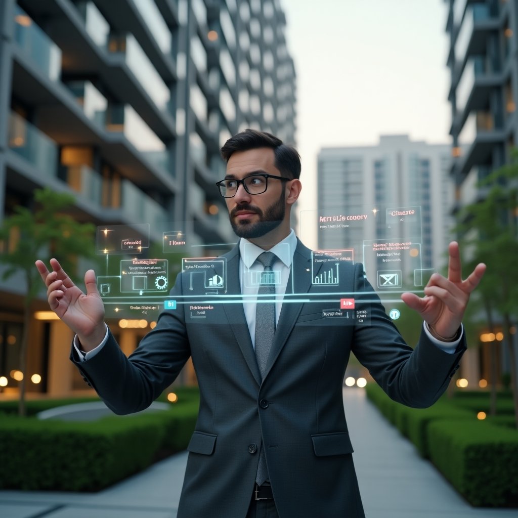 Ultra-realistic condominium manager in a charcoal gray tailored suit, set in a modern luxury condominium environment with high-rise buildings and meticulously landscaped greenery, presenting a floating holographic schedule interface with highlighted task icons and alert symbols, confidently pointing and analyzing the timeline, cinematic lighting, shallow depth of field, highly detailed textures, realistic skin, photographic realism, 8k resolution --ar 1:1 --v 6