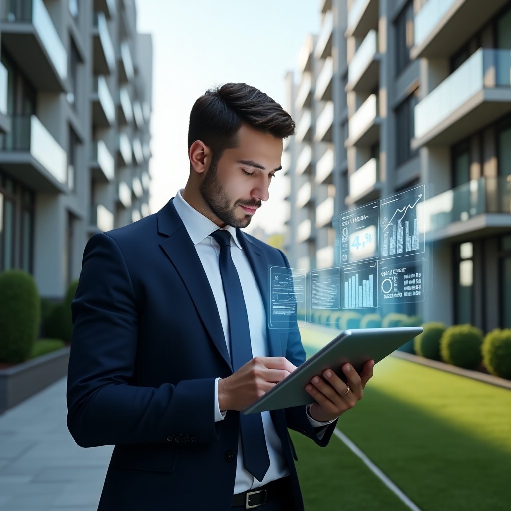 (Ultra-realistic condominium manager in a tailored navy suit, set in a modern luxury condominium environment with high-rise buildings and manicured green landscaping, holding a tablet displaying holographic financial reports, analyzing digital charts with a confident and focused expression, floating icons of graphs, spreadsheets and digital documents symbolizing transparency and efficiency, cinematic lighting, shallow depth of field, highly detailed textures, realistic skin, photographic realism, 8k resolution --ar 1:1 --v 6)