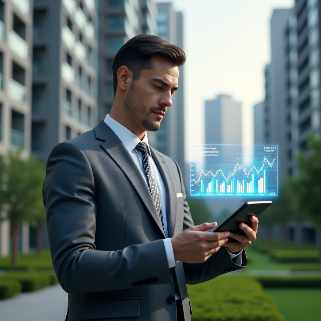 Ultra-realistic condominium manager in a tailored gray suit, set in a modern luxury condominium environment with high-rise buildings and manicured green landscaping, holding a digital tablet displaying holographic financial charts and graphs, confidently reviewing transparent accounting data, futuristic hologram of a ledger floating beside them, cinematic lighting, shallow depth of field, highly detailed textures, realistic skin, photographic realism, 8k resolution --ar 1:1 --v 6