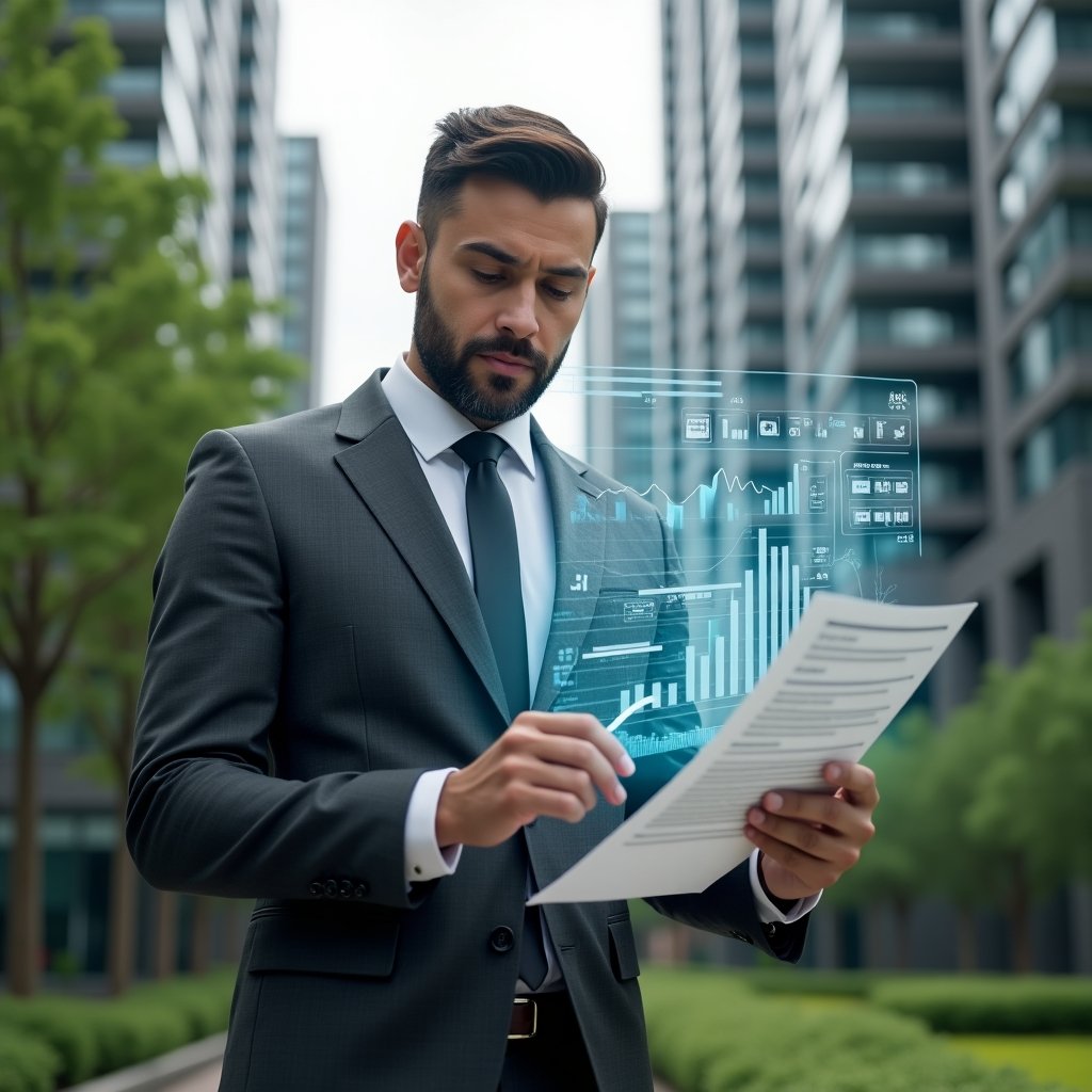Ultra-realistic condominium manager in a charcoal gray suit, set in a modern luxury condominium environment with high-rise buildings and lush green landscaping, holding and analyzing a floating holographic financial report with transparent charts and graphs, confident expression, cinematic lighting, shallow depth of field, highly detailed textures, realistic skin, photographic realism, 8k resolution --ar 1:1 --v 6