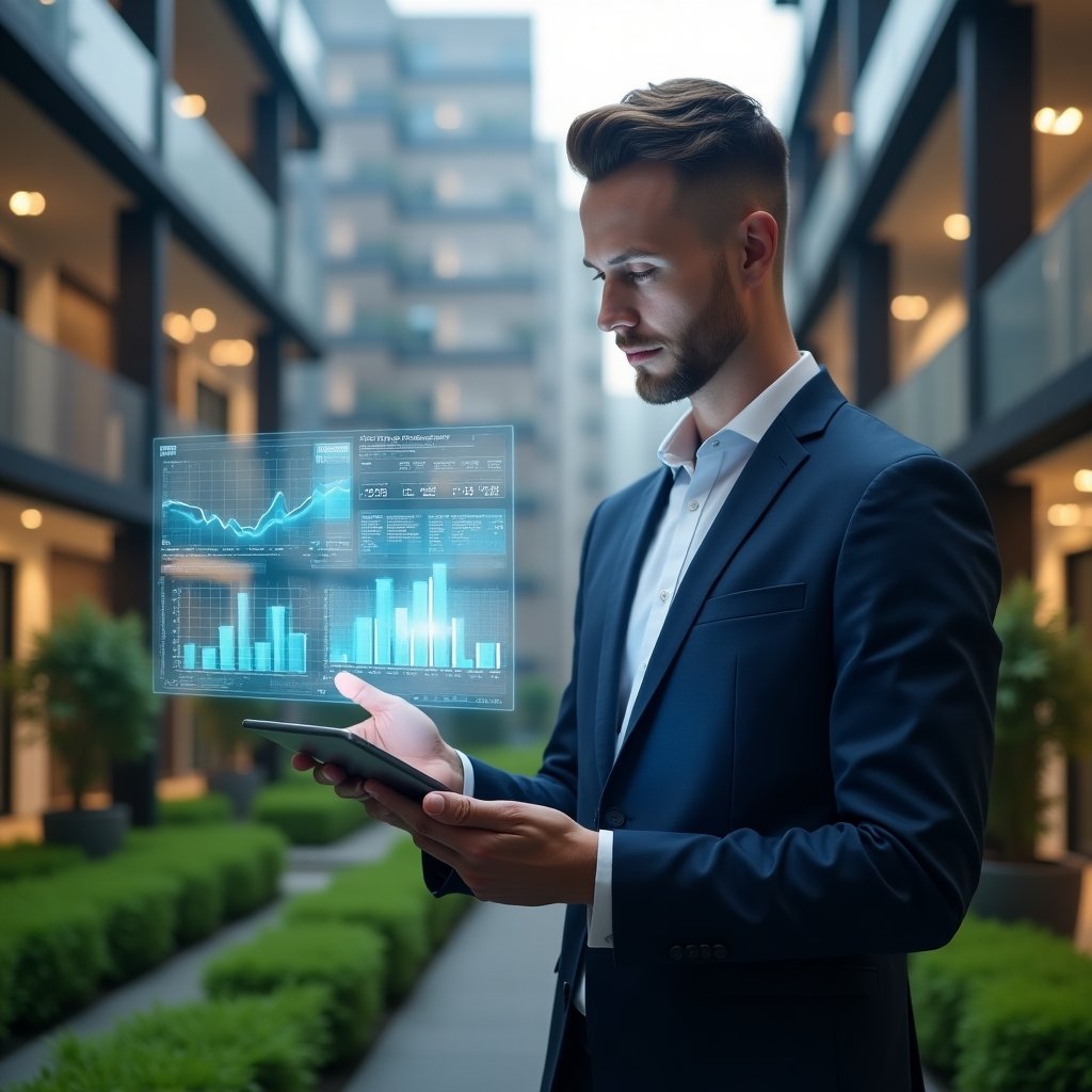 (Ultra-realistic condominium manager in a navy suit, set in a modern luxury condominium environment with high-rise buildings and manicured green landscaping, holding a tablet displaying holographic financial charts and graphs, reviewing transparent accounting data with a confident and focused expression, cinematic lighting, shallow depth of field, highly detailed textures, realistic skin, photographic realism, 8k resolution --ar 1:1 --v 6)