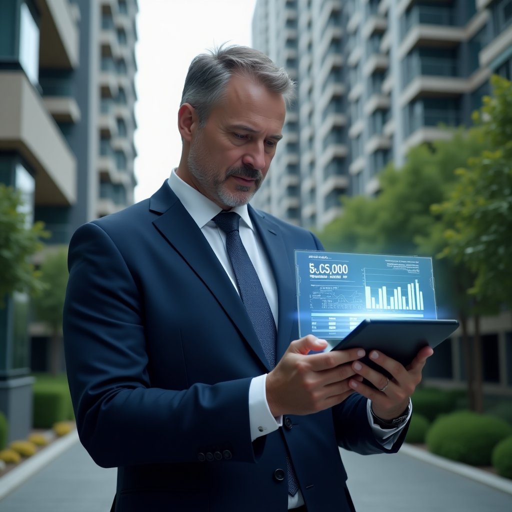 Ultra-realistic condominium manager in a navy blue executive suit, set in a modern luxury condominium environment with high-rise buildings and green landscaping, reviewing a holographic financial report projected from a tablet with transparent graphs and charts, confident and focused expression, cinematic lighting, shallow depth of field, highly detailed textures, realistic skin, photographic realism, 8k resolution --ar 1:1 --v 6