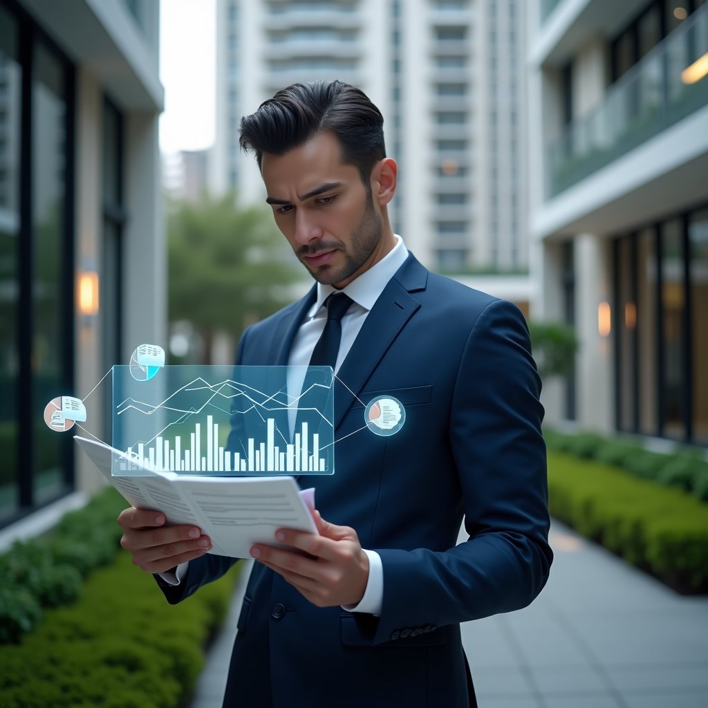 (Ultra-realistic condominium manager in a tailored navy blue suit, set in a modern luxury condominium environment with high-rise buildings and manicured green landscaping, reviewing holographic financial charts and transparent ledgers on a floating display, confident and focused expression, glowing icons of receipts and bar graphs surrounding them, cinematic lighting, shallow depth of field, highly detailed textures, realistic skin, photographic realism, 8k resolution --ar 1:1 --v 6)