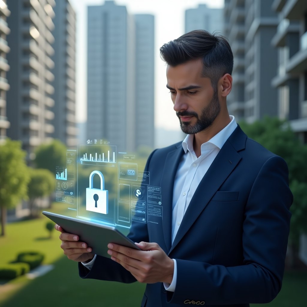Ultra-realistic property manager in a navy blue suit, set in a modern luxury condominium environment with high-rise buildings and lush green landscaping, reviewing holographic financial charts and a floating lock icon representing budget security, confident and focused expression as they analyze data on a transparent tablet, cinematic lighting, shallow depth of field, highly detailed textures, realistic skin, photographic realism, 8k resolution --ar 1:1 --v 6