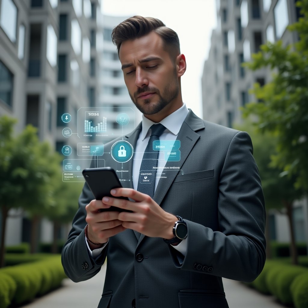 (Ultra-realistic condominium manager in a charcoal gray tailored suit, set in a modern luxury condominium environment with high-rise buildings and manicured green landscaping, holding a smartphone displaying a holographic app interface with icons for maintenance, payments, and messages, confidently analyzing the digital dashboard, holographic data overlays floating around, cinematic lighting, shallow depth of field, highly detailed textures, realistic skin, photographic realism, 8k resolution --ar 1:1 --v 6)