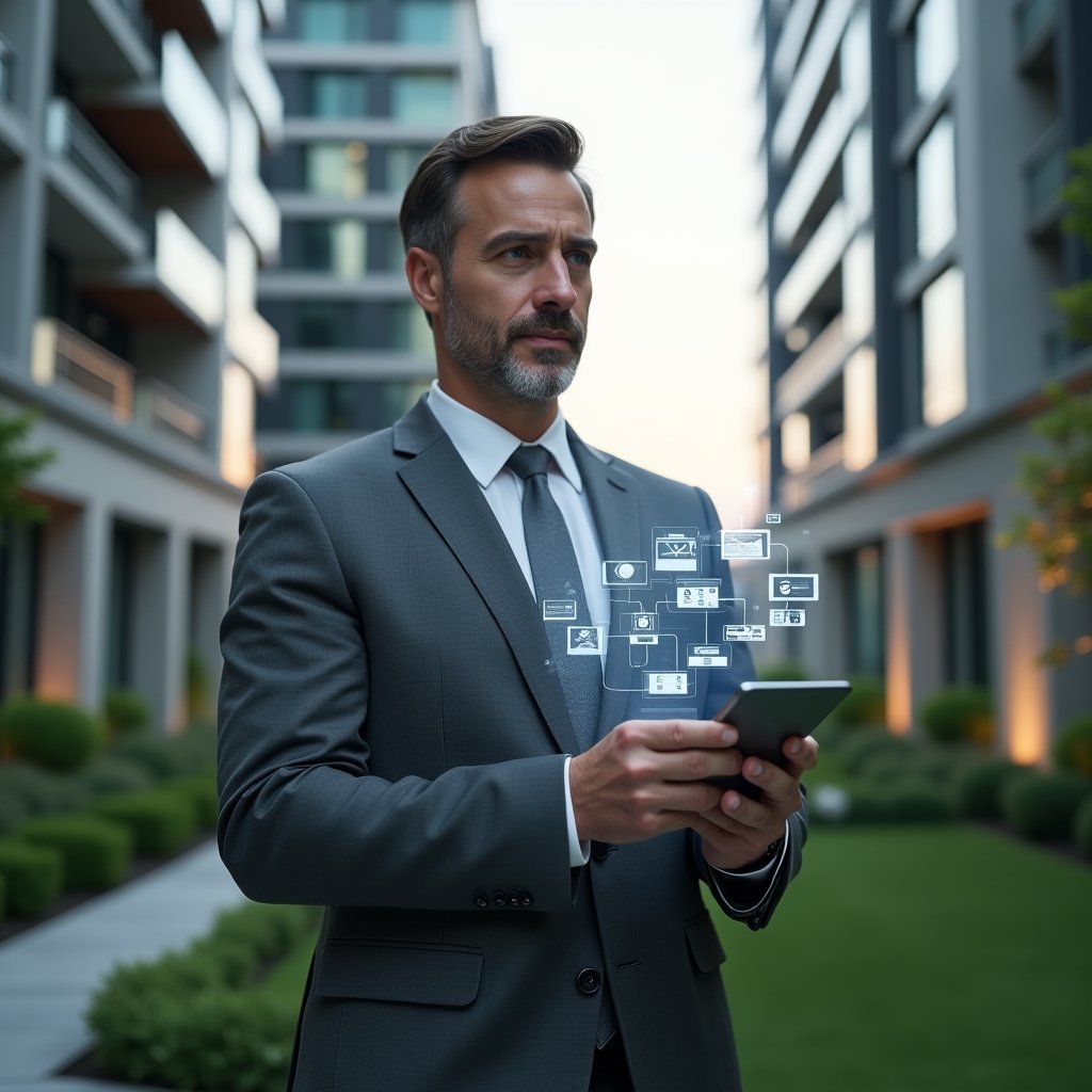 (Ultra-realistic condominium manager in a charcoal gray suit, set in a modern luxury condominium environment with high-rise buildings and manicured green landscaping, holding a digital tablet and analyzing floating holographic icons representing communication, billing, scheduling, maintenance, and reports, confident and thoughtful expression, cinematic lighting, shallow depth of field, highly detailed textures, realistic skin, photographic realism, 8k resolution --ar 1:1 --v 6)