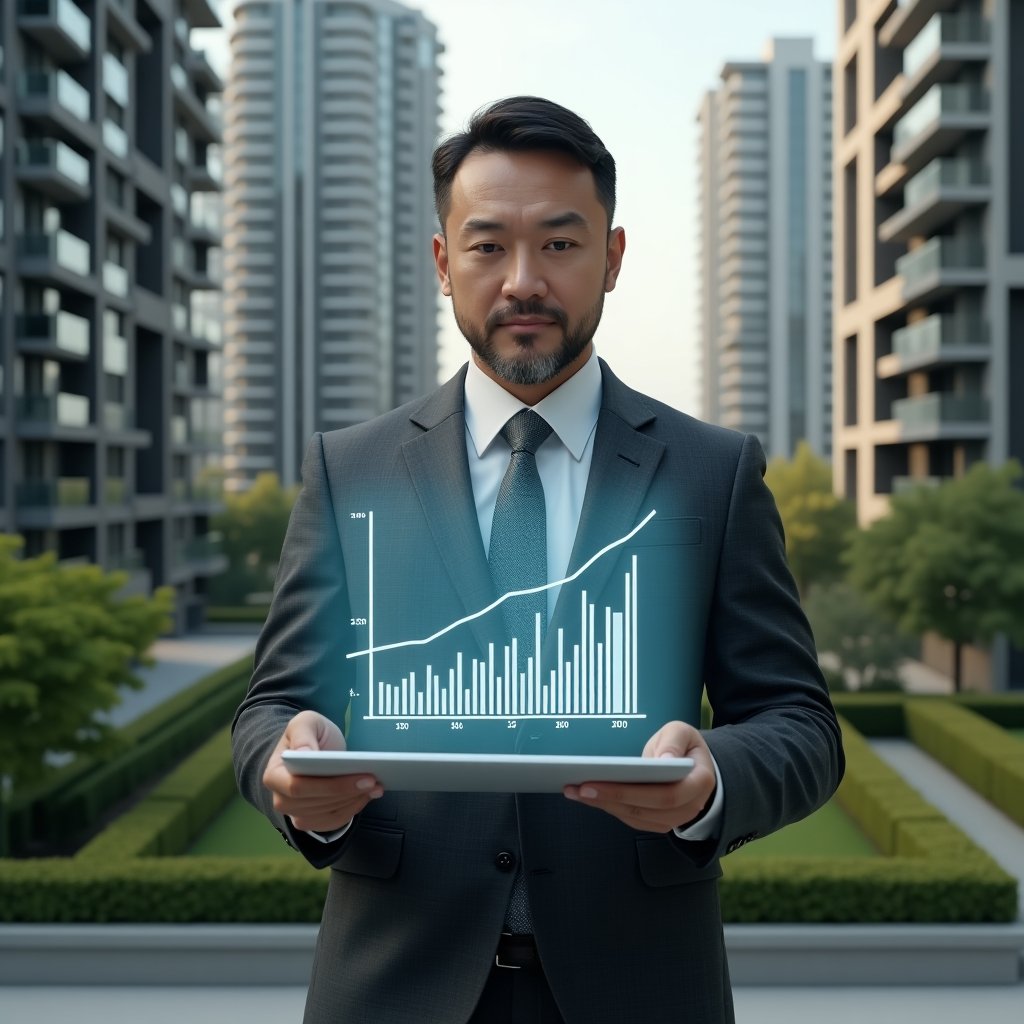 (Ultra-realistic condominium manager in a charcoal gray tailored suit, set in a modern luxury condominium environment with high-rise buildings and meticulously landscaped gardens, analyzing a floating holographic financial chart that clearly separates ordinary and extraordinary expenses, confident expression, cinematic lighting, shallow depth of field, highly detailed textures, realistic skin, photographic realism, 8k resolution --ar 1:1 --v 6)
