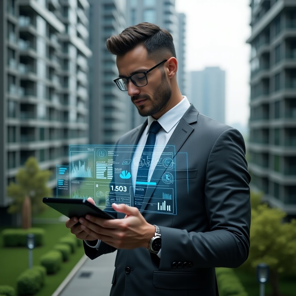 Ultra-realistic condominium manager in a charcoal gray suit, set in a modern luxury condominium environment with high-rise buildings and meticulously landscaped greenery, holding a digital tablet projecting holographic icons of financial charts and task lists, confidently analyzing the virtual interface, symbolizing streamlined administration and cost optimization, cinematic lighting, shallow depth of field, highly detailed textures, realistic skin, photographic realism, 8k resolution --ar 1:1 --v 6