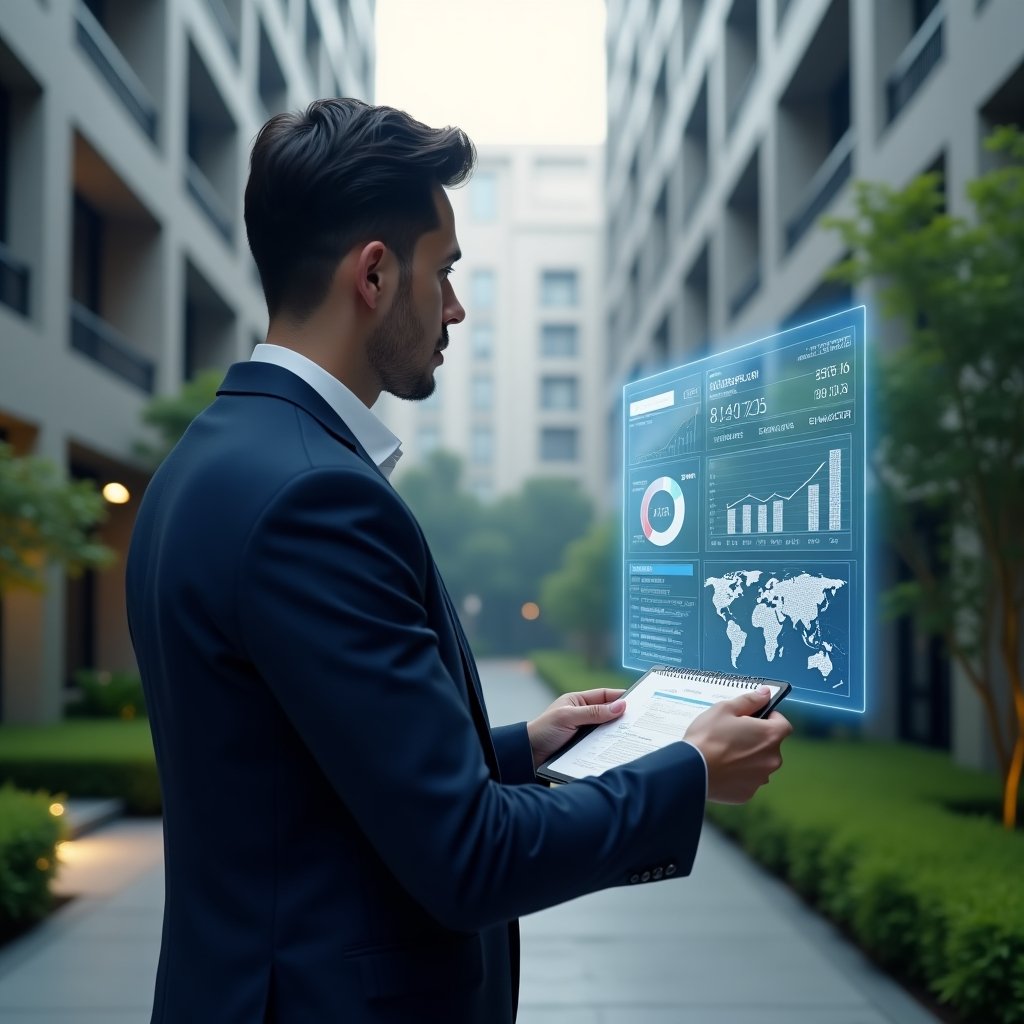 Ultra-realistic property manager in a navy blue suit, set in a modern luxury condominium environment with high-rise buildings and lush green landscaping, reviewing a floating transparent financial dashboard hologram with charts and transaction logs, conveying confidence and clarity, cinematic lighting, shallow depth of field, highly detailed textures, realistic skin, photographic realism, 8k resolution --ar 1:1 --v 6