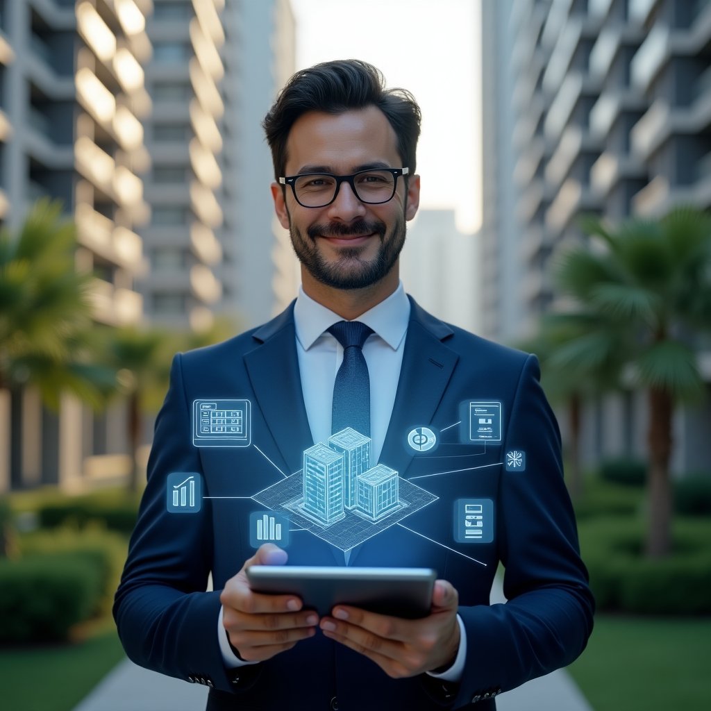(Ultra-realistic condominium manager in a navy blue suit, set in a modern luxury condominium environment with high-rise buildings and green landscaping, confidently holding a tablet displaying floating holographic icons of process checklists, cost graphs, and building floor plans, cinematic lighting, shallow depth of field, highly detailed textures, realistic skin, photographic realism, 8k resolution --ar 1:1 --v 6)