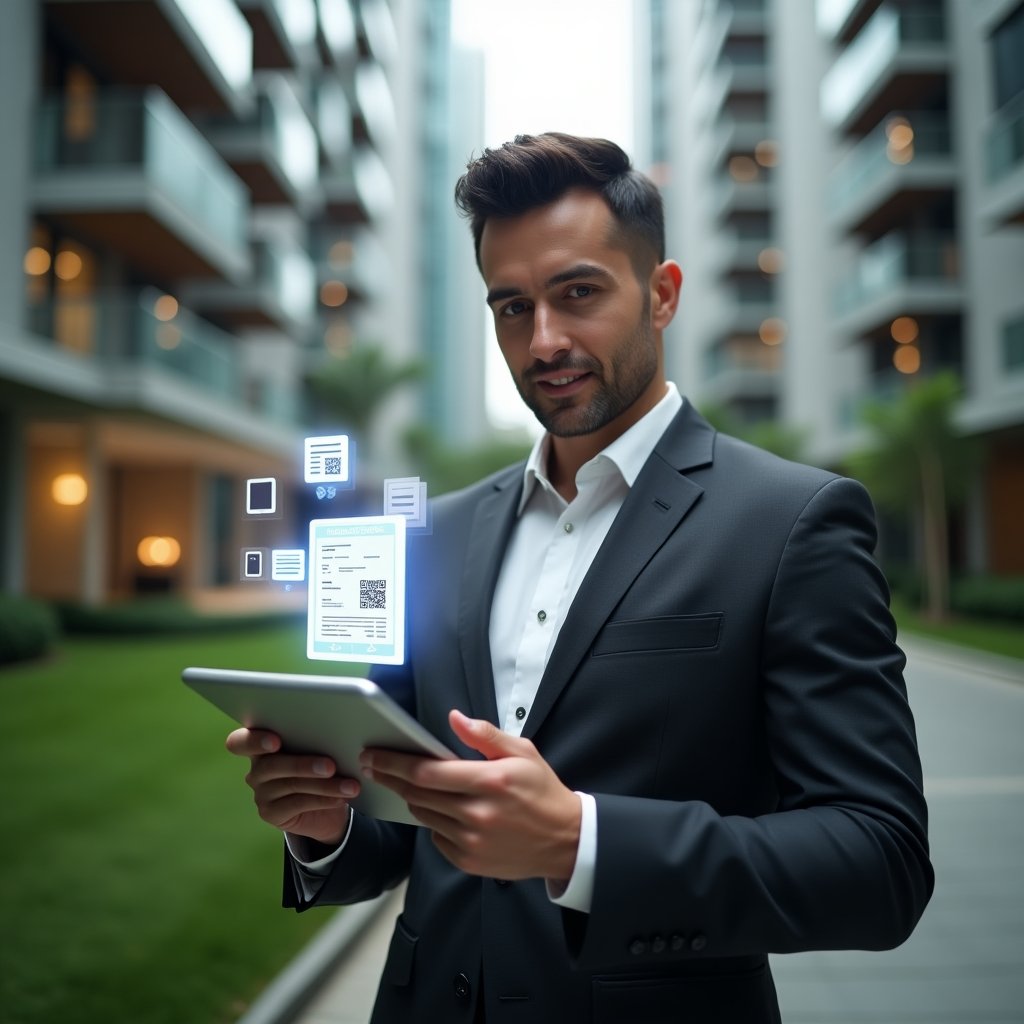 Ultra-realistic condominium manager in a charcoal suit, set in a modern luxury condominium environment with high-rise buildings and well-manicured green landscaping, holding a tablet displaying a glowing digital invoice and QR code, holographic payment icons floating above the device, confident and focused expression, cinematic lighting, shallow depth of field, highly detailed textures, realistic skin, photographic realism, 8k resolution --ar 1:1 --v 6