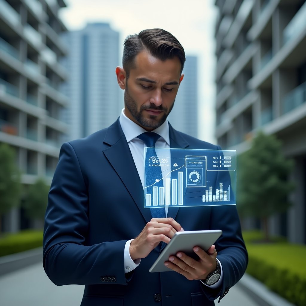 Ultra-realistic condominium manager in a navy blue tailored suit, set in a modern luxury condominium environment with high-rise buildings and green landscaping, analyzing a holographic financial dashboard projected from a sleek tablet, floating graphs and report icons symbolizing transparency and agile processes, confident and focused expression, cinematic lighting, shallow depth of field, highly detailed textures, realistic skin, photographic realism, 8k resolution --ar 1:1 --v 6