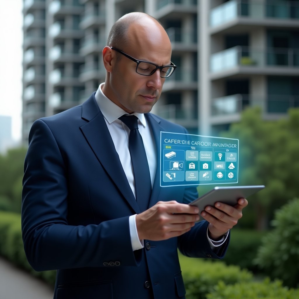 Ultra-realistic condominium manager in a navy blue suit, set in a modern luxury condominium environment with high-rise buildings and green landscaping, holding a digital tablet and interacting with a holographic schedule/calendar displaying icons for cleaning, maintenance, and gardening, confident and focused expression, cinematic lighting, shallow depth of field, highly detailed textures, realistic skin, photographic realism, 8k resolution --ar 1:1 --v 6