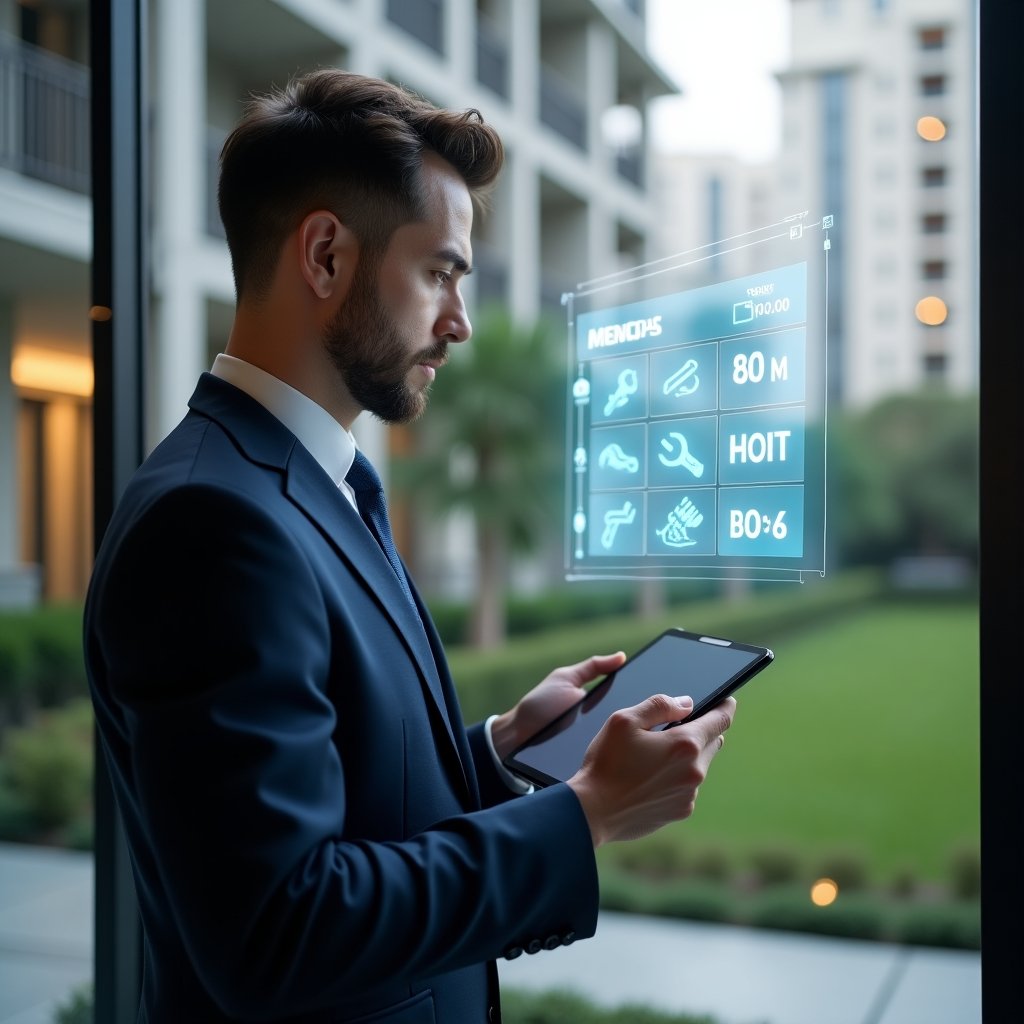 Ultra-realistic condominium manager in a tailored navy suit, set in a modern luxury condominium environment with high-rise buildings and manicured green gardens, holding a tablet and reviewing a floating holographic weekly schedule with icons of maintenance tools and meeting notifications, confident and focused expression, cinematic lighting, shallow depth of field, highly detailed textures, realistic skin, photographic realism, 8k resolution --ar 1:1 --v 6