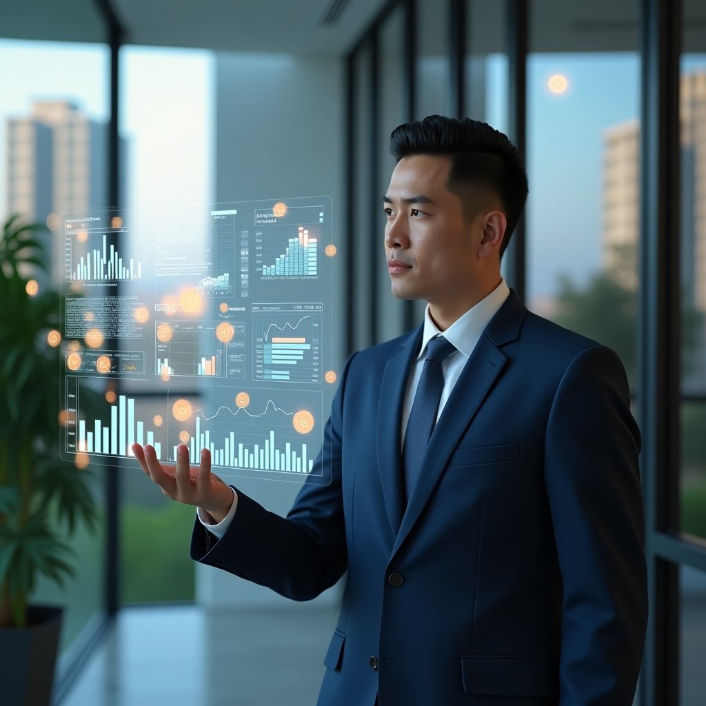 (Ultra-realistic condominium manager in a navy blue suit, set in a modern luxury condominium environment with high-rise buildings and lush green landscaping, standing in a sleek glass-walled office reviewing floating holographic financial charts and budget spreadsheets, confident and focused expression, glowing icons of coins and expense graphs swirling around, cinematic lighting, shallow depth of field, highly detailed textures, realistic skin, photographic realism, 8k resolution --ar 1:1 --v 6)