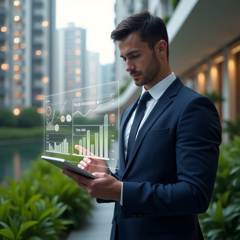 Ultra-realistic condominium manager in a tailored navy suit, set in a modern luxury condominium environment with high-rise buildings and lush green landscaping, medium shot focusing on the professional confidently holding a tablet displaying holographic financial charts that separate ordinary and extraordinary expenses, floating icons of coins, ledgers and bar graphs around them, cinematic lighting, shallow depth of field, highly detailed textures, realistic skin, photographic realism, 8k resolution --ar 1:1 --v 6
